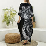 Spiritual Owl With Sun And Moon Print Silk V-Neck Kaftan Dress