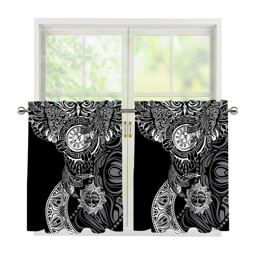 Spiritual Owl With Sun And Moon Print Tier Curtains