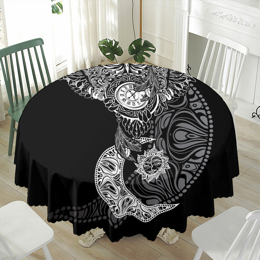 Spiritual Owl With Sun And Moon Print Waterproof Round Tablecloth