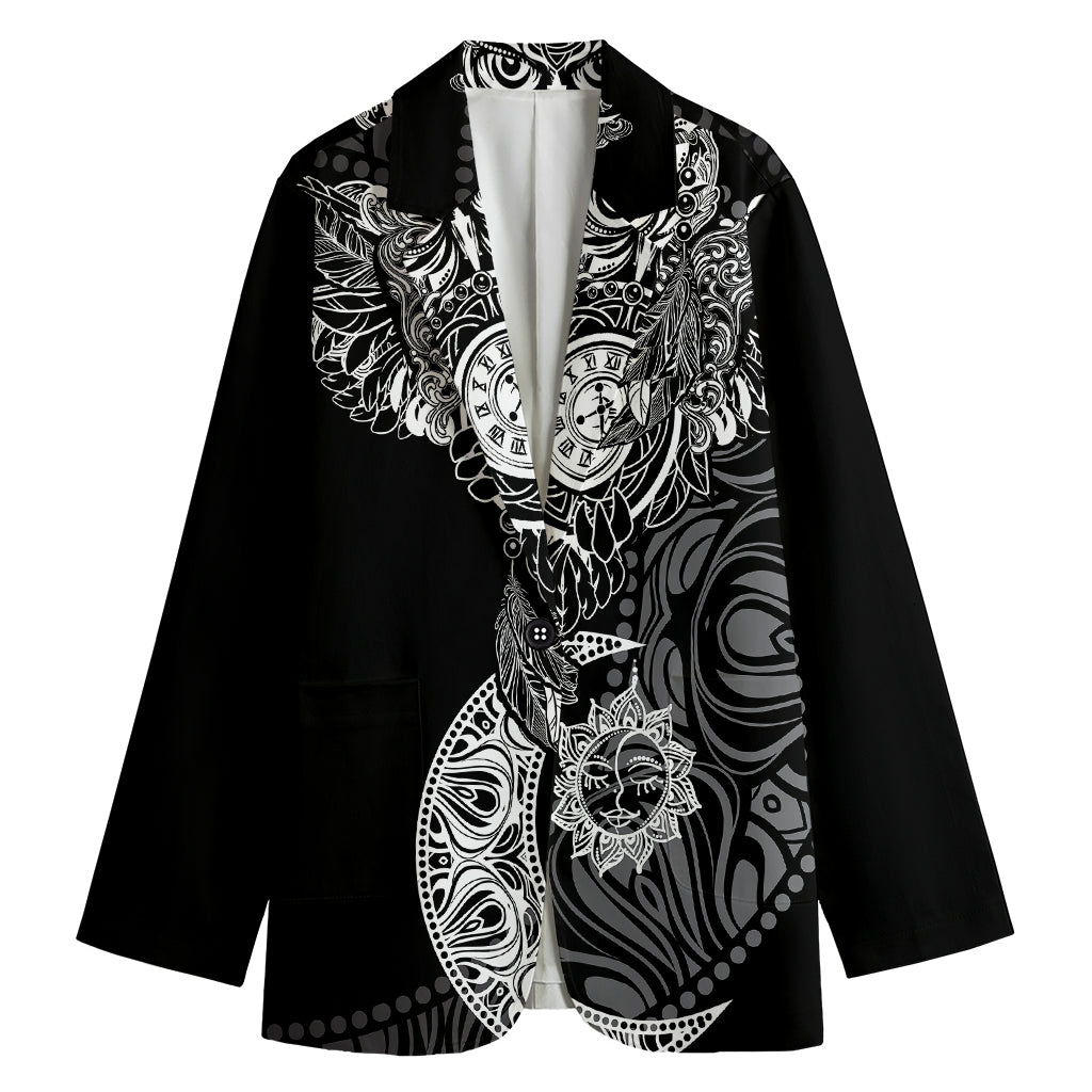 Spiritual Owl With Sun And Moon Print Women's Cotton Blazer