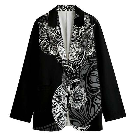 Spiritual Owl With Sun And Moon Print Women's Cotton Blazer
