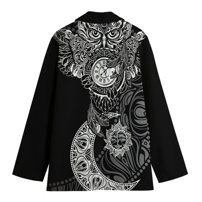Spiritual Owl With Sun And Moon Print Women's Cotton Blazer