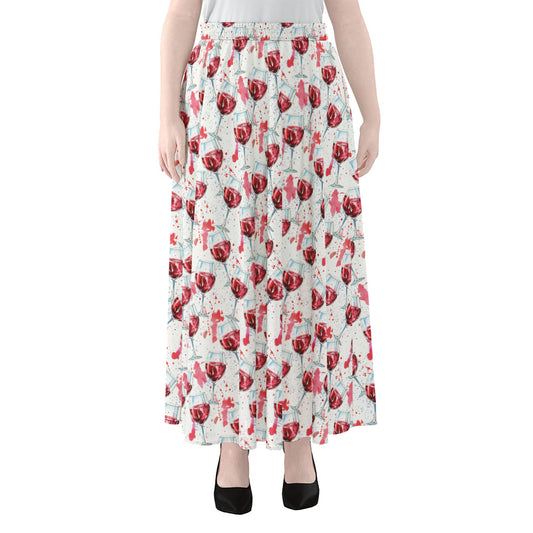 Splash Wine Pattern Print Chiffon Maxi Skirt