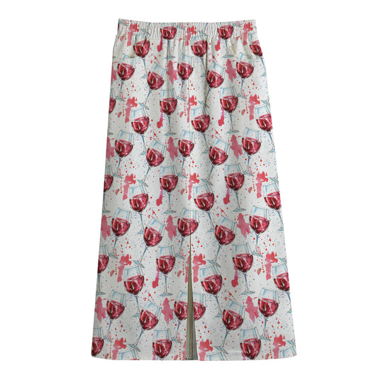 Splash Wine Pattern Print Cotton Front Slit Maxi Skirt