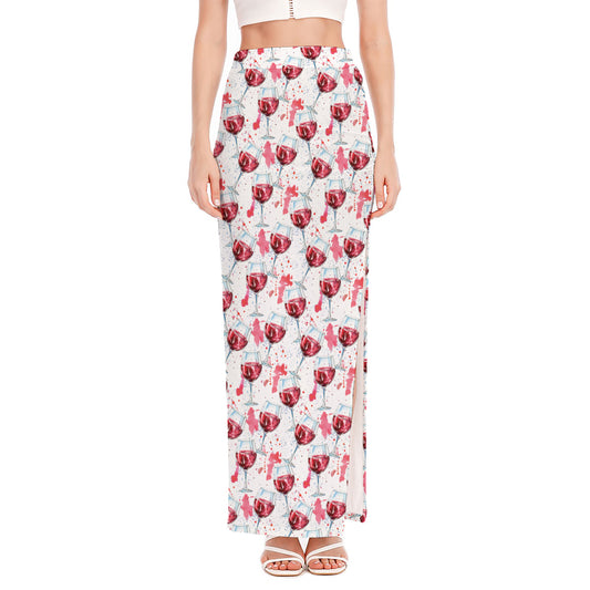 Splash Wine Pattern Print High Slit Maxi Skirt