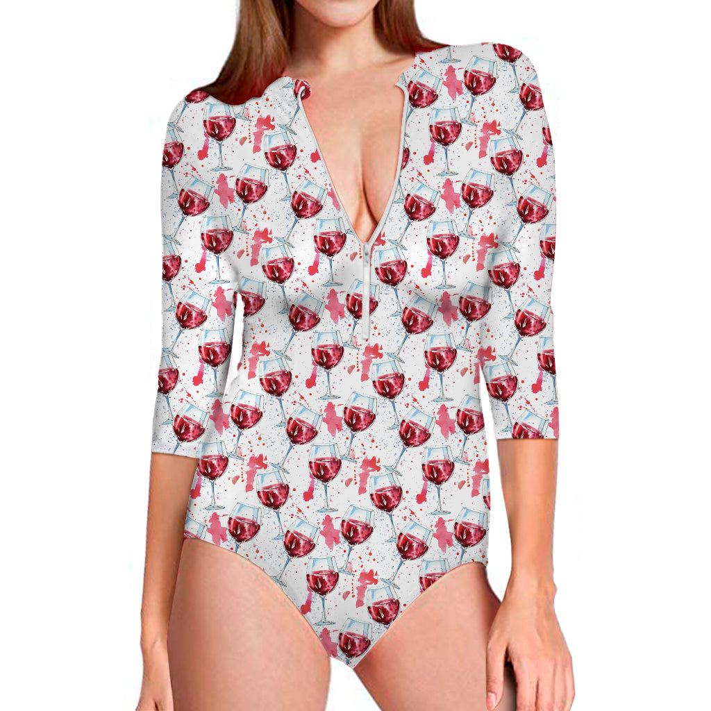 Splash Wine Pattern Print Long Sleeve Swimsuit