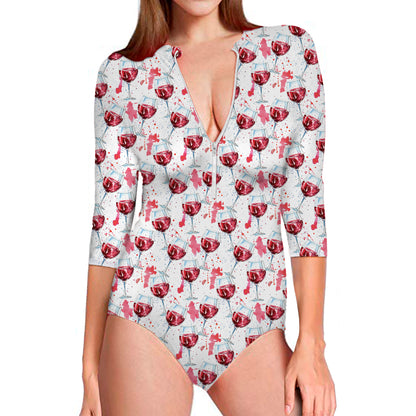 Splash Wine Pattern Print Long Sleeve Swimsuit