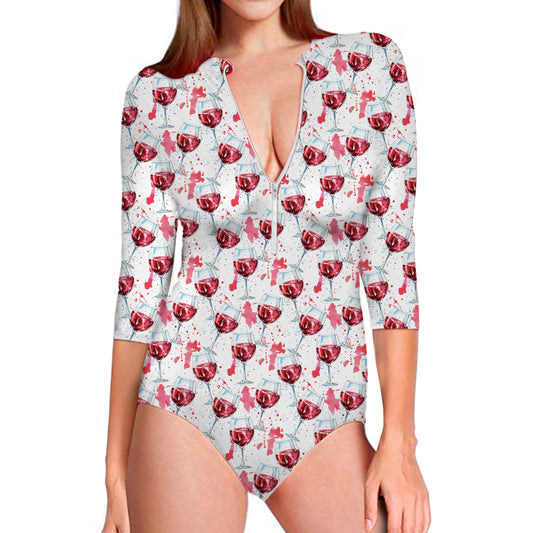 Splash Wine Pattern Print Long Sleeve Swimsuit