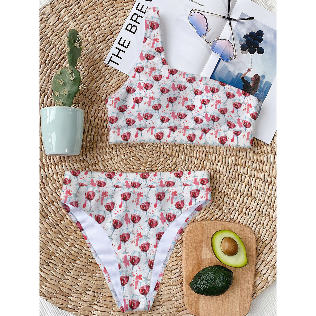 Splash Wine Pattern Print One Shoulder Bikini Top