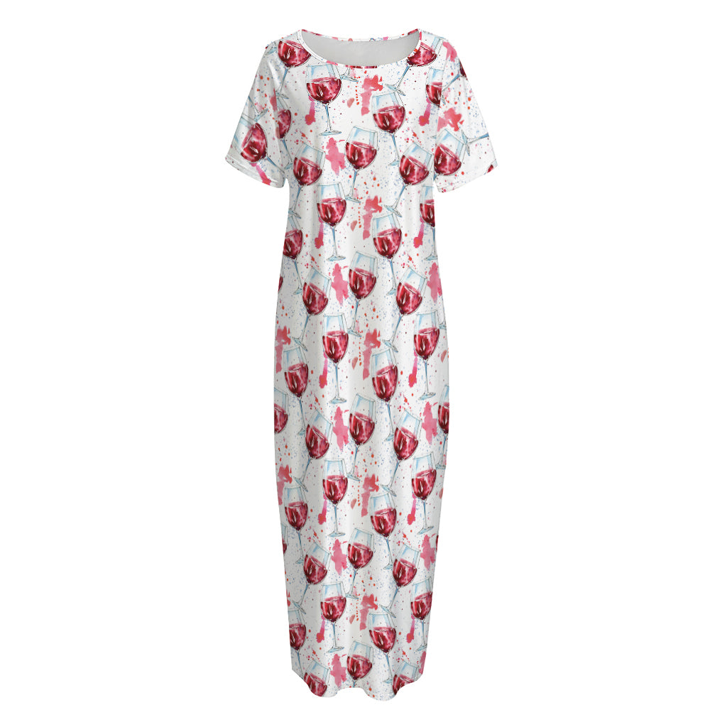 Splash Wine Pattern Print Short Sleeve Long Nightdress