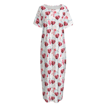 Splash Wine Pattern Print Short Sleeve Long Nightdress