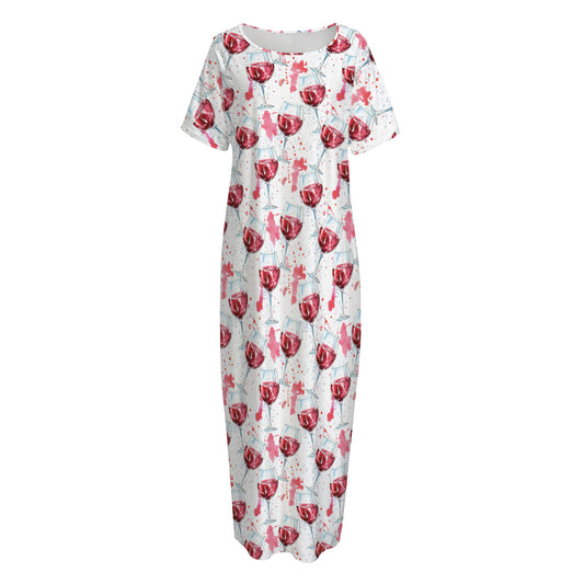 Splash Wine Pattern Print Short Sleeve Long Nightdress