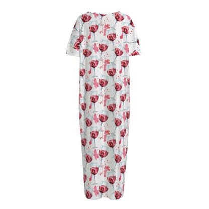 Splash Wine Pattern Print Short Sleeve Long Nightdress