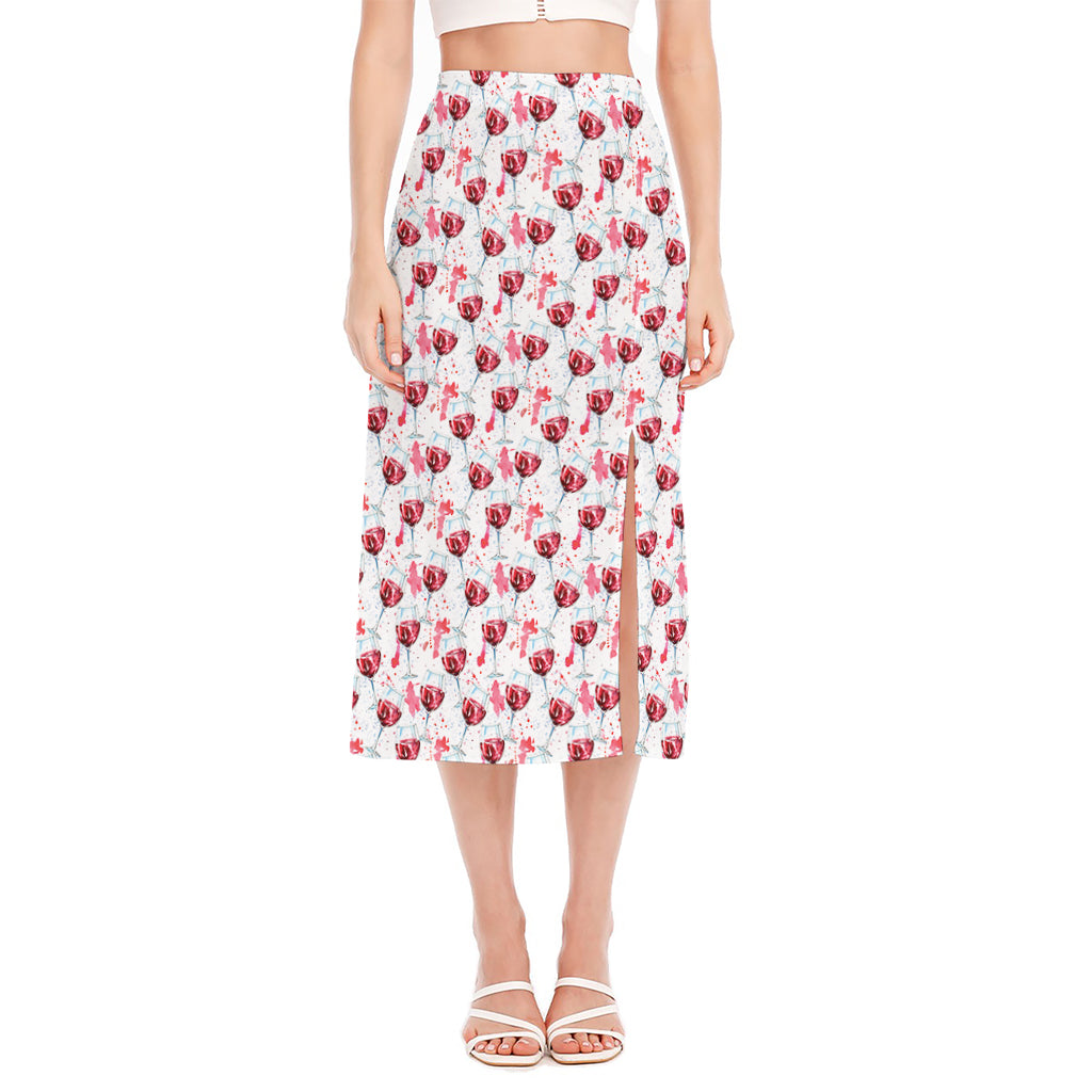 Splash Wine Pattern Print Side Slit Midi Skirt