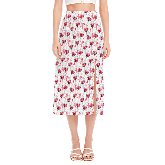 Splash Wine Pattern Print Side Slit Midi Skirt