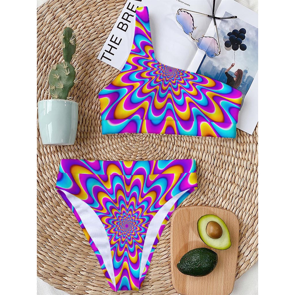 Splashing Colors Moving Optical Illusion One Shoulder Bikini Top