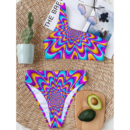 Splashing Colors Moving Optical Illusion One Shoulder Bikini Top