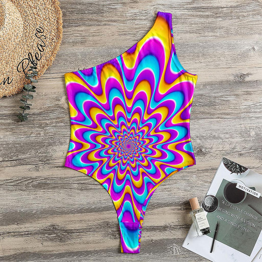 Splashing Colors Moving Optical Illusion One Shoulder Bodysuit