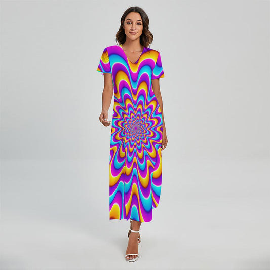 Splashing Colors Moving Optical Illusion Short Sleeve Maxi Dress