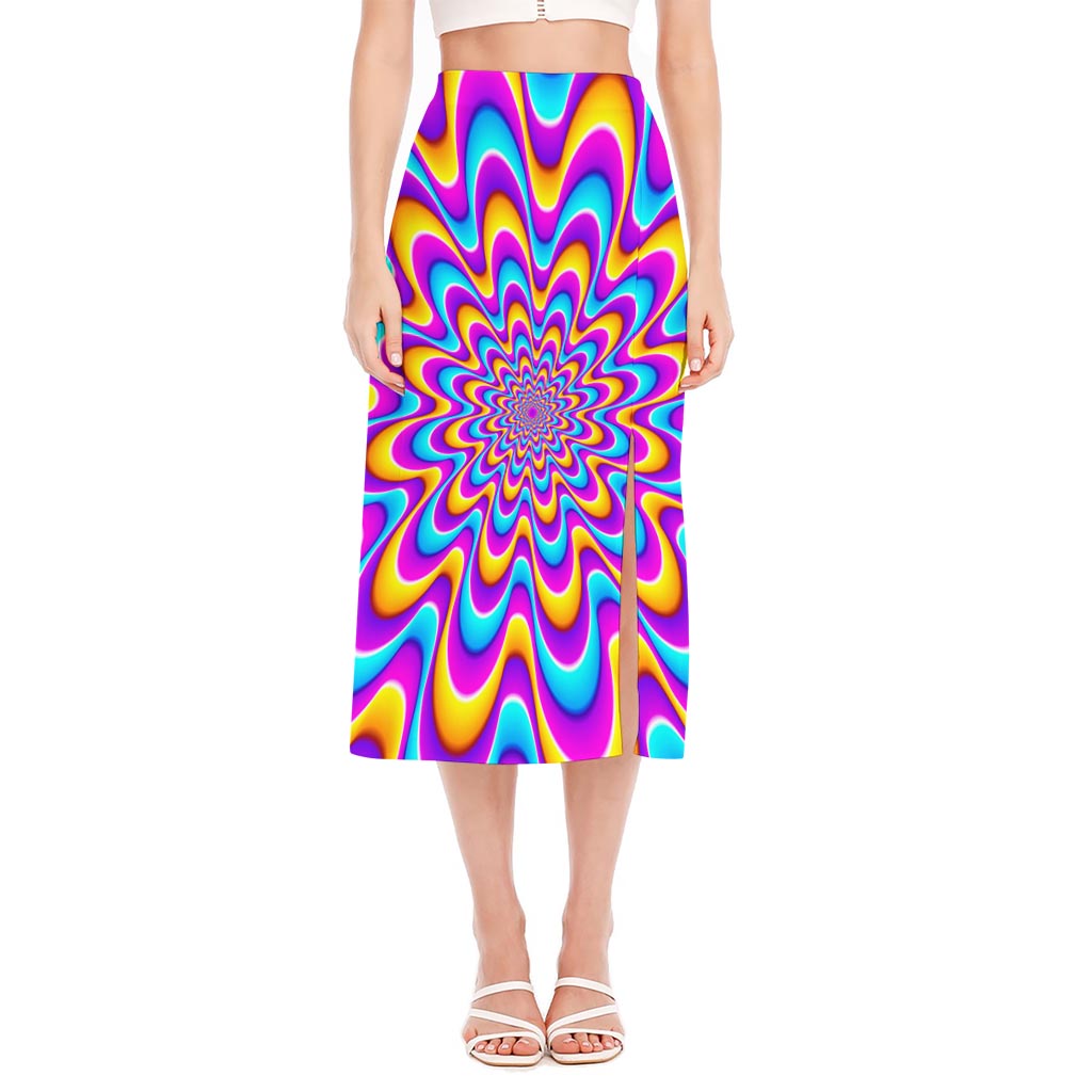 Splashing Colors Moving Optical Illusion Side Slit Midi Skirt