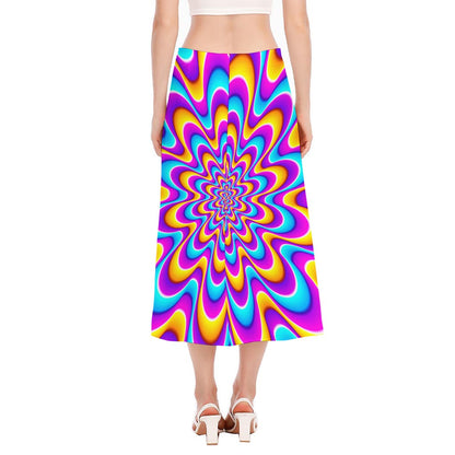 Splashing Colors Moving Optical Illusion Side Slit Midi Skirt