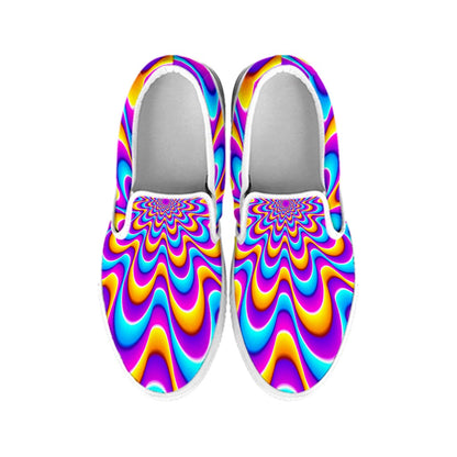 Splashing Colors Moving Optical Illusion White Slip On Sneakers