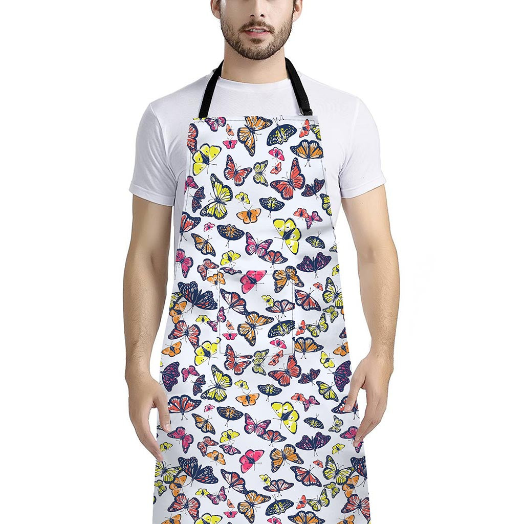 Spring Butterfly Pattern Print Bib Apron With Pocket