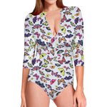 Spring Butterfly Pattern Print Long Sleeve Swimsuit