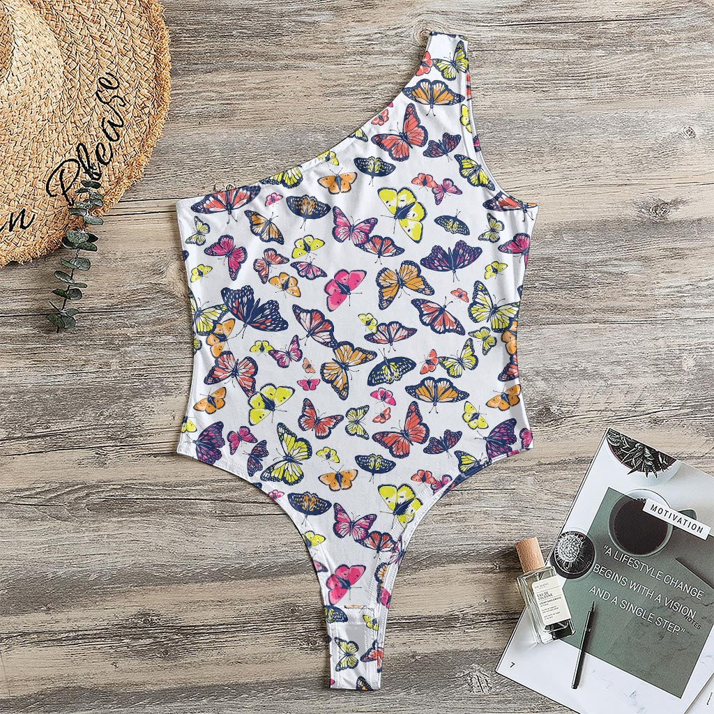 Spring Butterfly Pattern Print One Shoulder Bodysuit