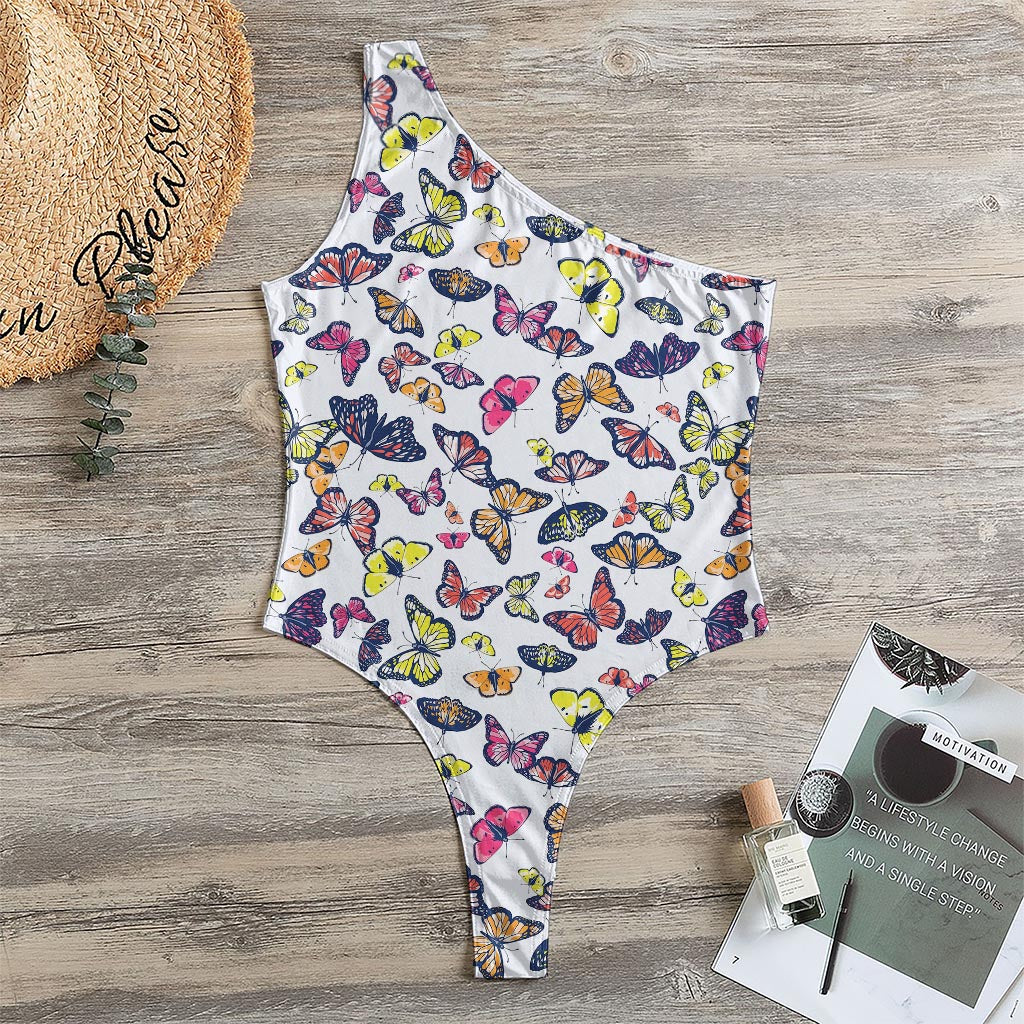 Spring Butterfly Pattern Print One Shoulder Bodysuit