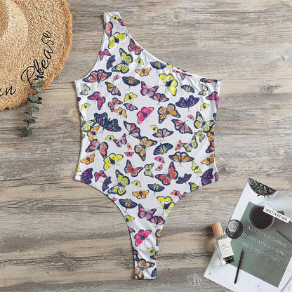 Spring Butterfly Pattern Print One Shoulder Bodysuit