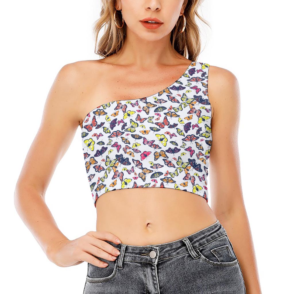 Spring Butterfly Pattern Print One Shoulder Crop Top