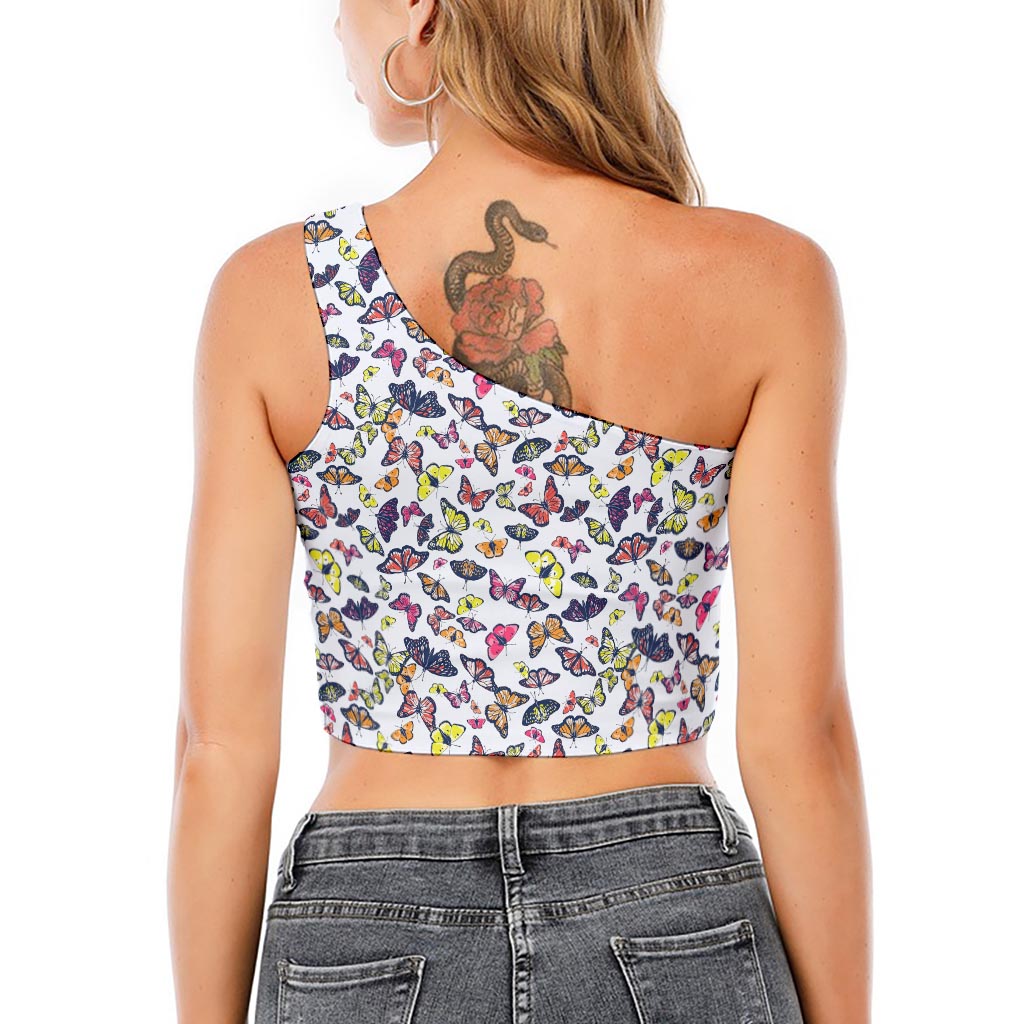 Spring Butterfly Pattern Print One Shoulder Crop Top