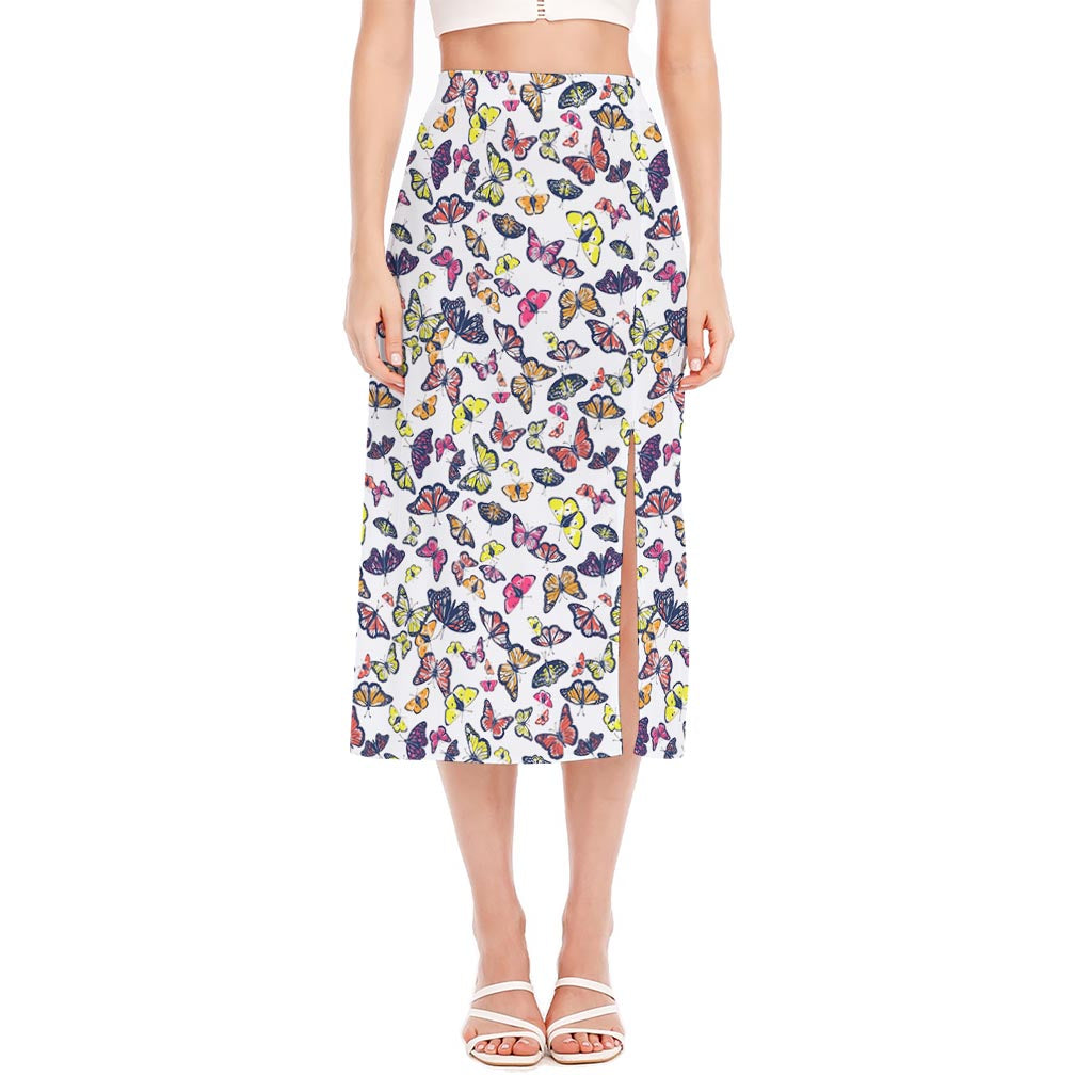 Spring Butterfly Pattern Print Side Slit Midi Skirt