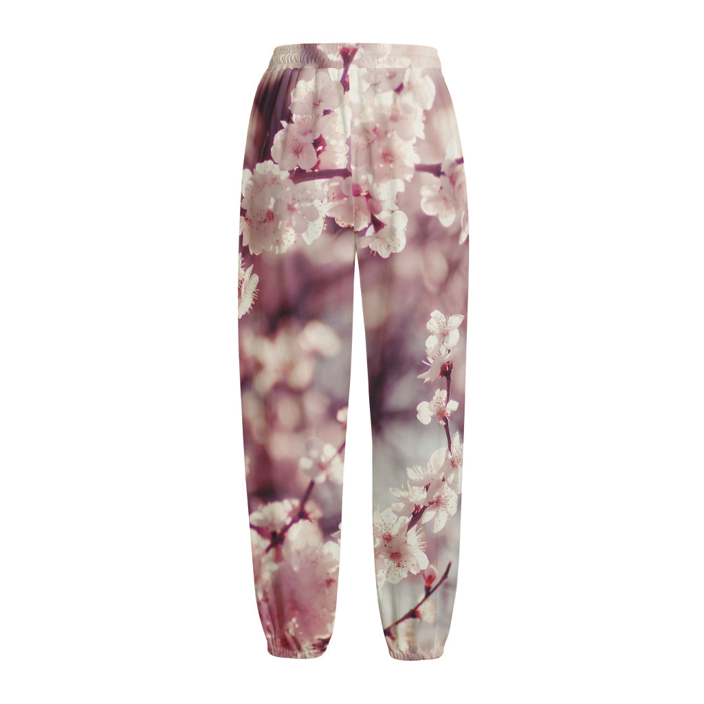 Spring Cherry Blossom Print Fleece Lined Knit Pants