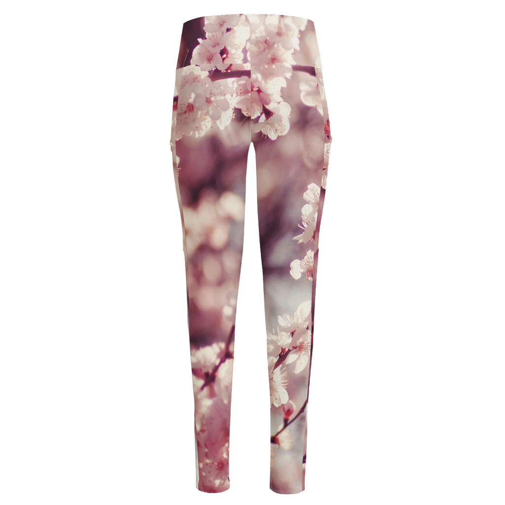 Spring Cherry Blossom Print High-Waisted Pocket Leggings