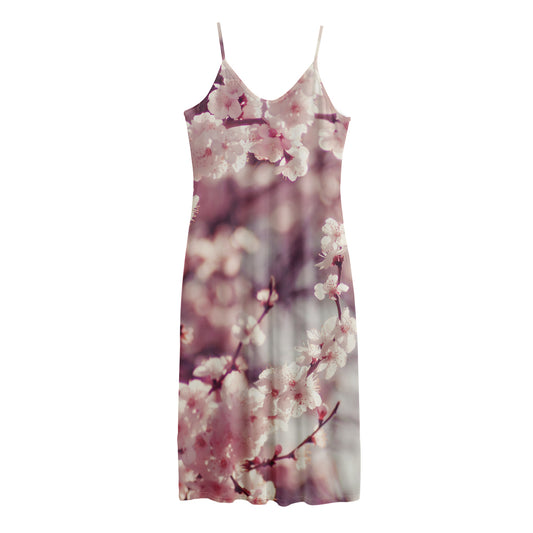 Spring Cherry Blossom Print Jersey Midi Cami Dress