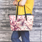 Spring Cherry Blossom Print Leather Tote Bag