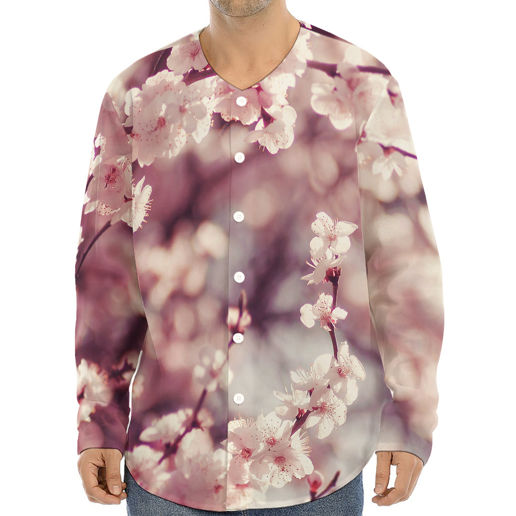 Spring Cherry Blossom Print Long Sleeve Baseball Jersey