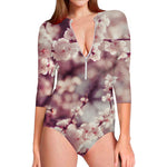 Spring Cherry Blossom Print Long Sleeve Swimsuit