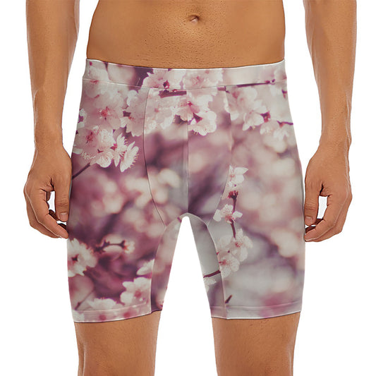 Spring Cherry Blossom Print Men's Long Boxer Briefs