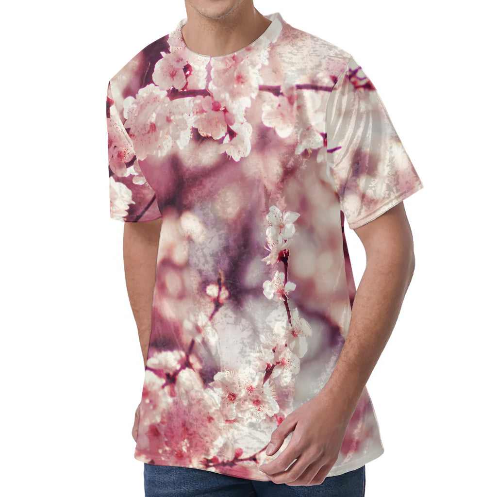 Spring Cherry Blossom Print Men's Velvet T-Shirt