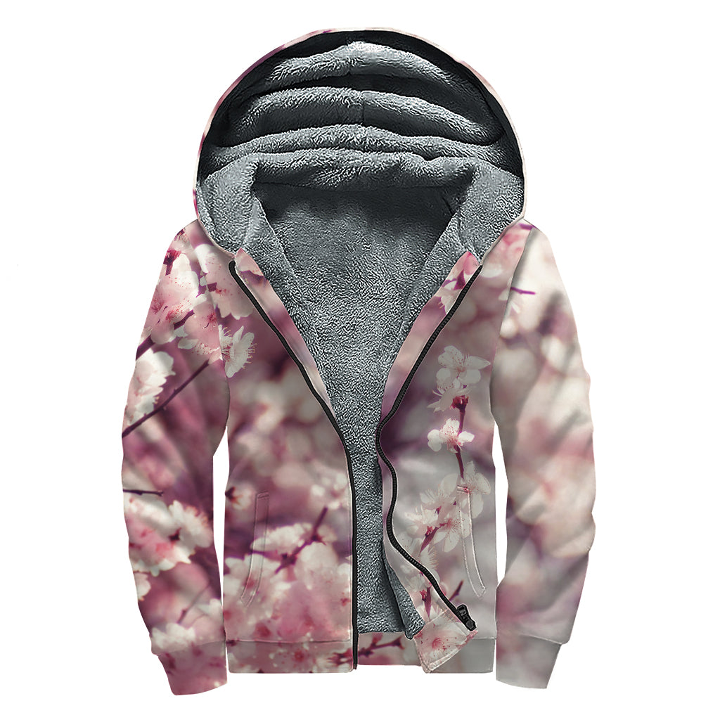 Spring Cherry Blossom Print Sherpa Lined Zip Up Hoodie