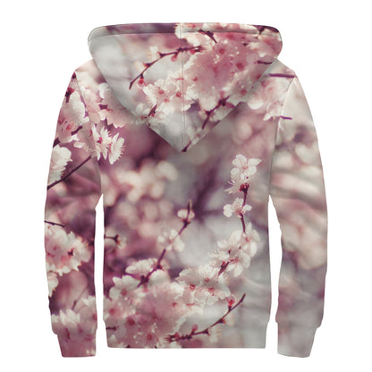 Spring Cherry Blossom Print Sherpa Lined Zip Up Hoodie