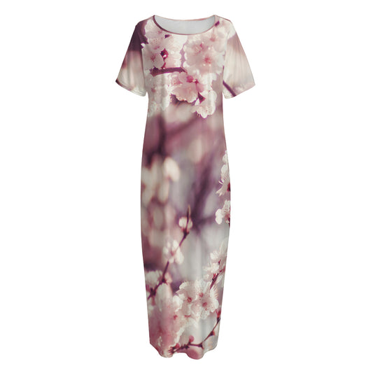 Spring Cherry Blossom Print Short Sleeve Long Nightdress
