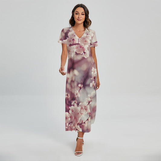 Spring Cherry Blossom Print Short Sleeve Maxi Dress
