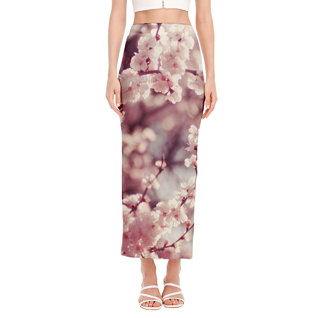 Spring Cherry Blossom Print Side Slit Maxi Skirt