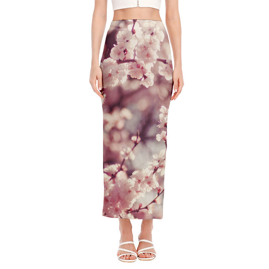 Spring Cherry Blossom Print Side Slit Maxi Skirt