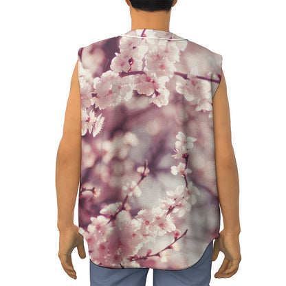 Spring Cherry Blossom Print Sleeveless Baseball Jersey