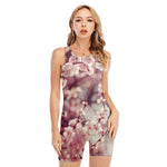 Spring Cherry Blossom Print Sleeveless One Piece Swimsuit
